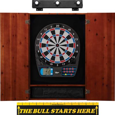 Viper by GLD Products 787 Electronic Dartboard, Metropolitan Cinnamon Cabinet, Throw Line Marker & Shadow Buster Dartboard Light Bundle