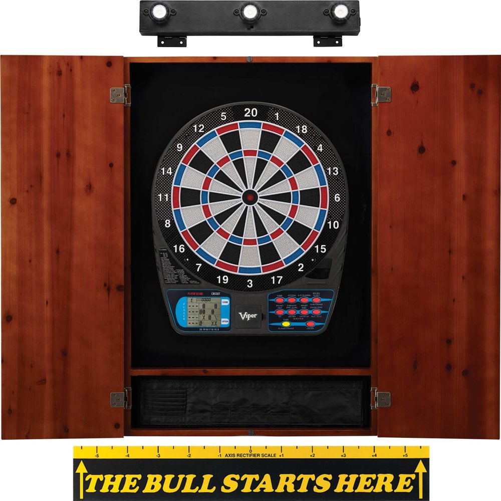 Viper by GLD Products 787 Electronic Dartboard, Metropolitan Cinnamon Cabinet, Throw Line Marker & Shadow Buster Dartboard Light Bundle