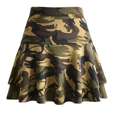 Afibi Casual Mini Stretch Waist Flared Plain Pleated Skater Skirt (X-Small, Green Camo)