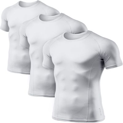 ATHLIO Men's 3-Pack Cool Dry Compression Shirts, XXL - Sports Baselayer Tops, Short Sleeve, White