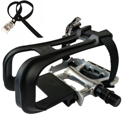 YBEKI All-Terrain Bike Pedals with Toe Clips & Adjustable Straps Dual-Purpose Resin/Alloy Bicycle Pedals 9/16" Spindle - Indoor/Outdoor Use for Exercise/Spin/Road Bikes MTB (Silver)