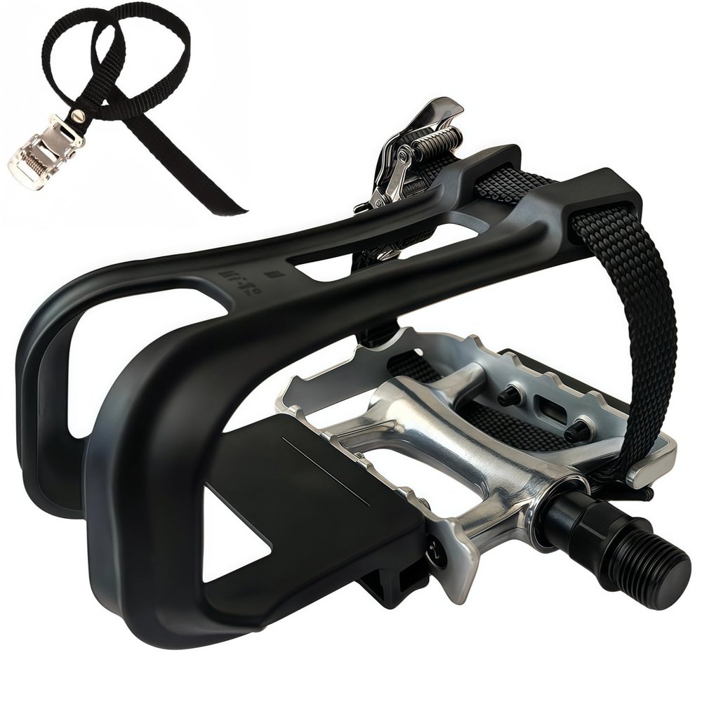 YBEKI All-Terrain Bike Pedals with Toe Clips & Adjustable Straps Dual-Purpose Resin/Alloy Bicycle Pedals 9/16" Spindle - Indoor/Outdoor Use for Exercise/Spin/Road Bikes MTB (Silver)