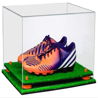 Better Display Cases Clear Acrylic Large Shoe Pair Display Case for Basketball Shoes Soccer Cleats Football Cleats with Orange Risers and Turf Base (A082-OR)