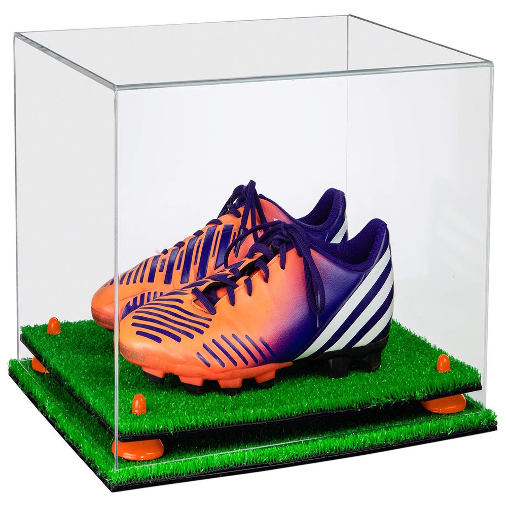 Better Display Cases Clear Acrylic Large Shoe Pair Display Case for Basketball Shoes Soccer Cleats Football Cleats with Orange Risers and Turf Base (A082-OR)