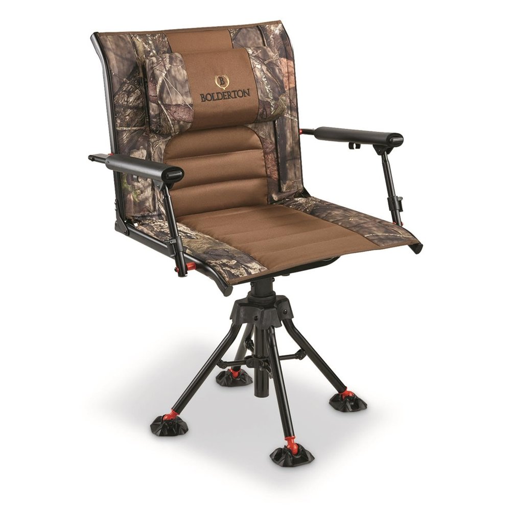 Bolderton 360 Degree Swivel Hunting Blind Chair with Armrests, 300 lbs Capacity, Folding, Lightweight, Portable, Padded Cushion Hunting Seat Mossy Oak Country Camo