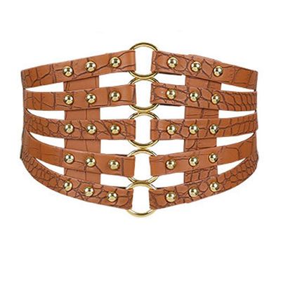 Aecibzo Women's Leather Wide Waist Belt Hollow Out Elastic Stretch Cinch Waistband (Fit waist 26-29 inches, Brown)