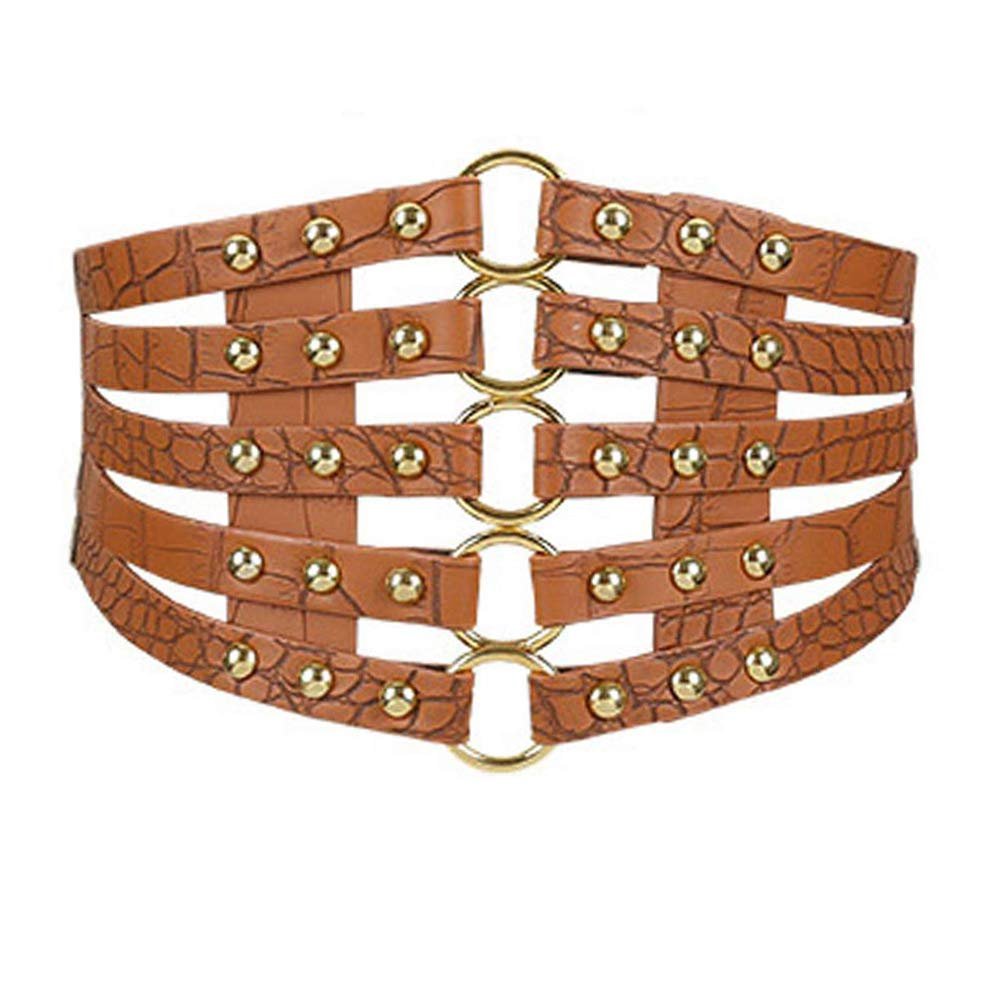 Aecibzo Women's Leather Wide Waist Belt Hollow Out Elastic Stretch Cinch Waistband (Fit waist 26-29 inches, Brown)
