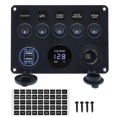 12V 5 Gang Toggle Rocker Switch Panel for Boat Waterproof ON-Off with Digital Voltmeter 4.2A USB Charger Cigarette Lighter Socket for RV Car Boat Vehicles Truck Trailer Yacht (BLUE)