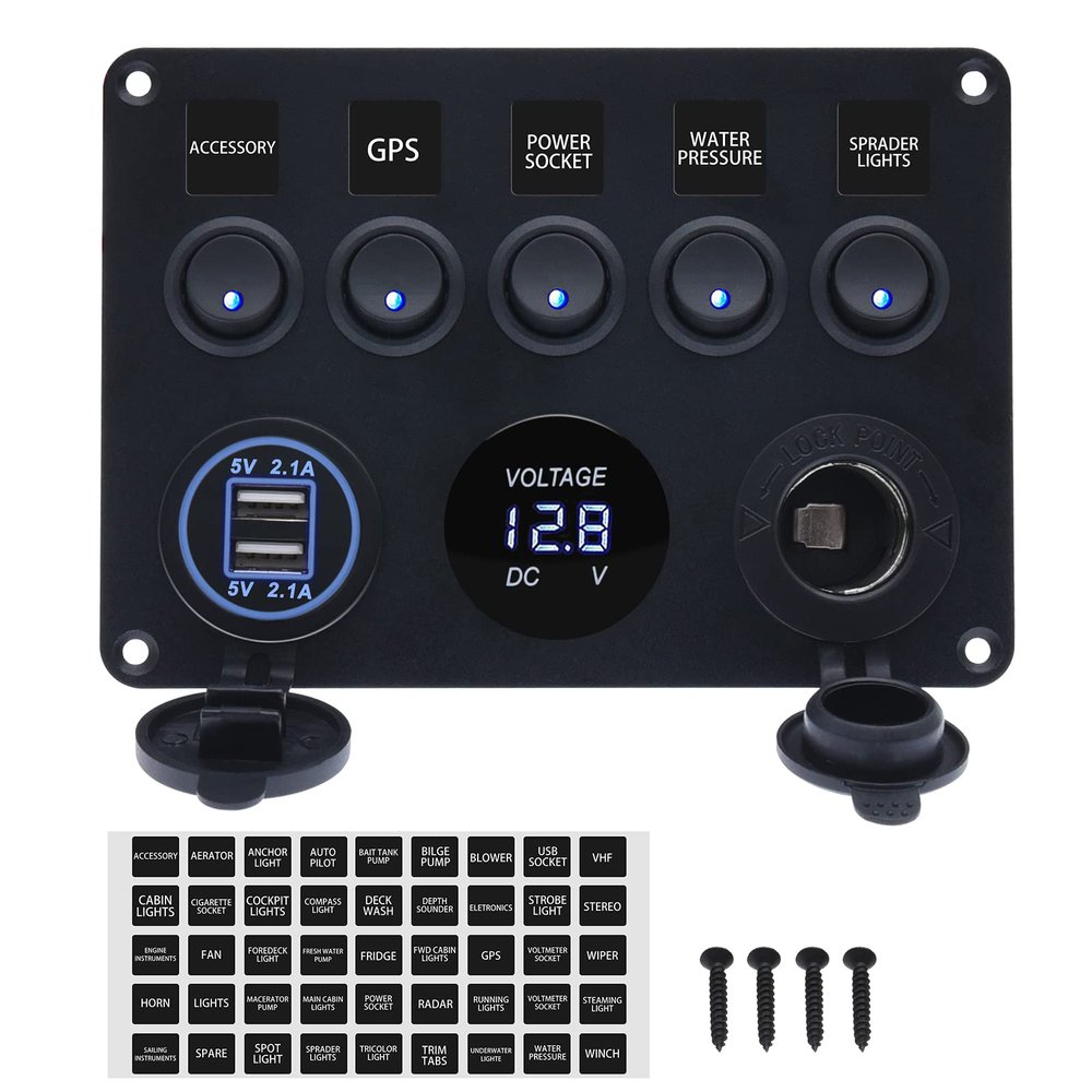 12V 5 Gang Toggle Rocker Switch Panel for Boat Waterproof ON-Off with Digital Voltmeter 4.2A USB Charger Cigarette Lighter Socket for RV Car Boat Vehicles Truck Trailer Yacht (BLUE)