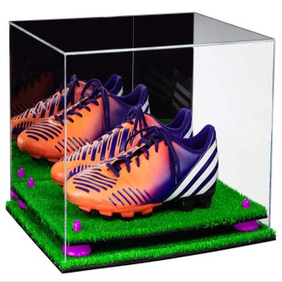 Better Display Cases Acrylic Large Shoe Pair Display Case for Basketball Shoes Soccer Cleats Football Cleats with Mirror, Purple Risers and Turf Base (A082-PR)