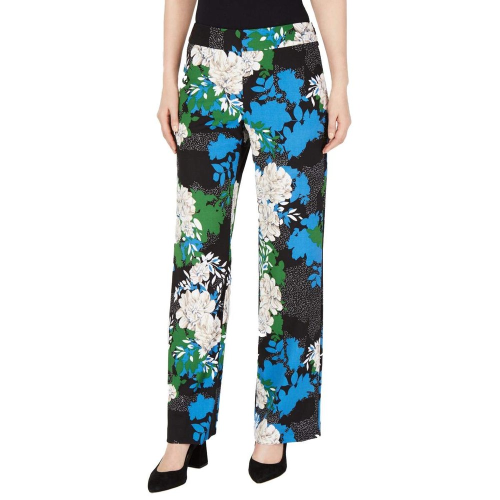 I-N-C Womens Floral Crepe Casual Wide Leg Pants, Multicoloured, 8 Black