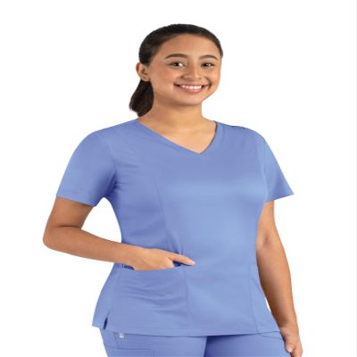 Maevn Matrix Womens Modern Fit Double V-Neck Medical Nurse Scrub Top, 3 Pockets, Inner Utility Loop, Bungee Loop Ceil Blue