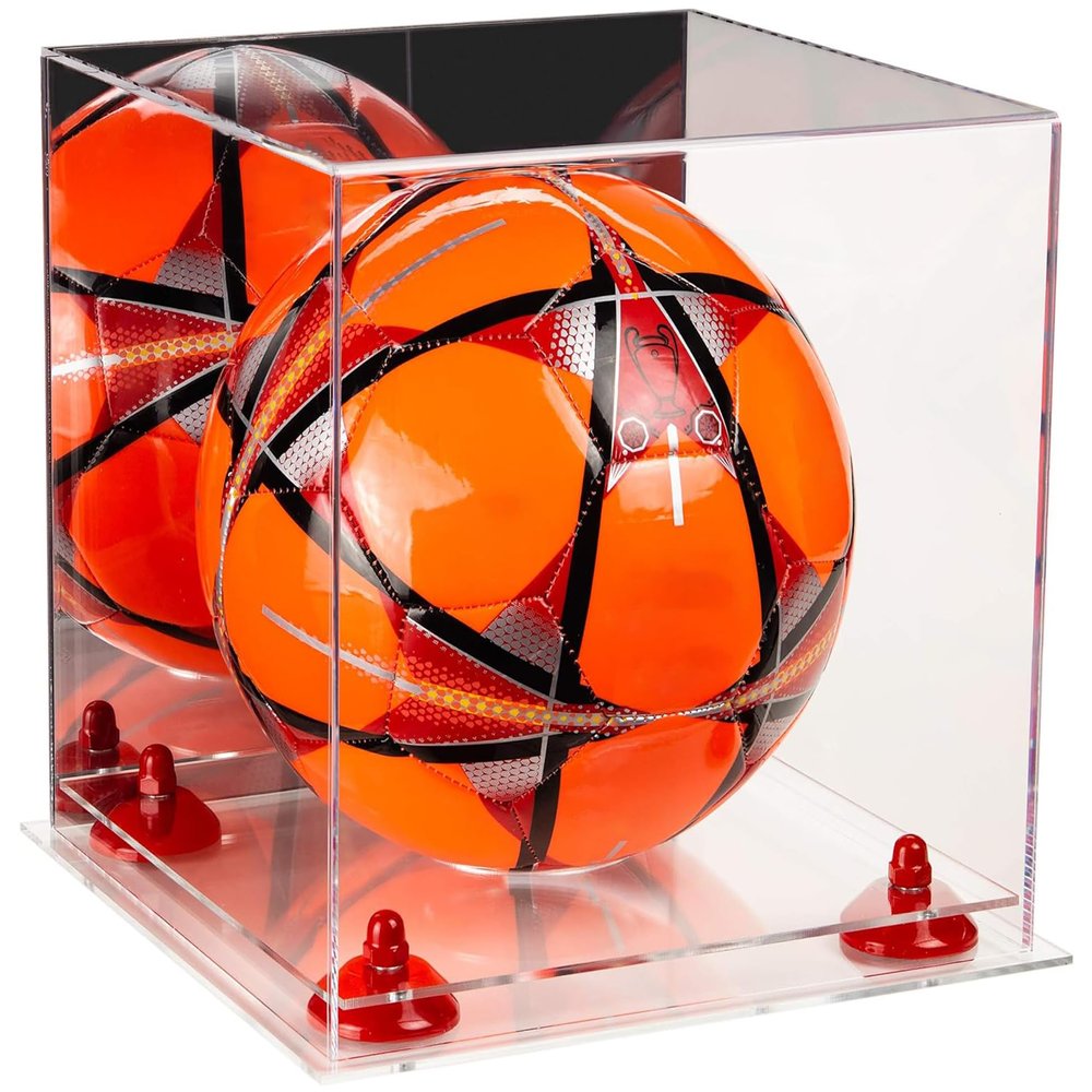 Better Display Cases Acrylic Display Case for Collectibles, Full Size Soccer Ball Display Case,Red Risers & Clear Base, Handcrafted Showcase Box.DIM;9.75" L x 9.75" W x 9.75" H. (A027-RR)