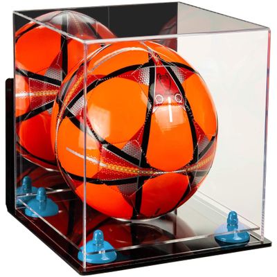 Better Display Cases Acrylic Display Case for Collectibles, Full Size Soccer Ball Display Case,Blue Risers & Clear Base, WM,Handcrafted Showcase Box.DIM;9.75" L x 9.75" W x 9.75" H. (A027-BLR)