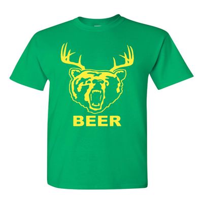 New Beer Deer Bear Sunny Mac Funny TV Adult T-Shirt Tee (Small, Forest Green w/Yellow)