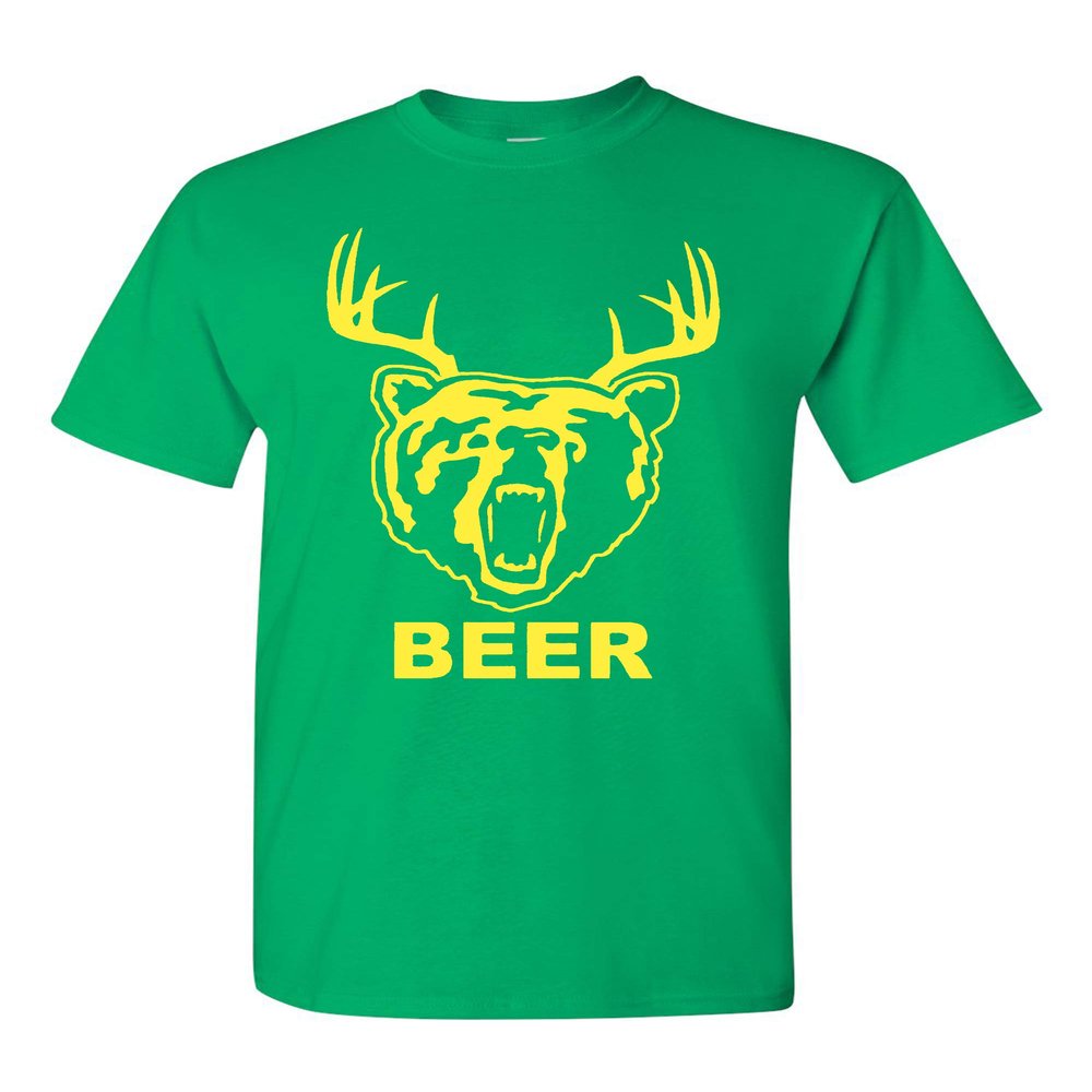 New Beer Deer Bear Sunny Mac Funny TV Adult T-Shirt Tee (Small, Forest Green w/Yellow)