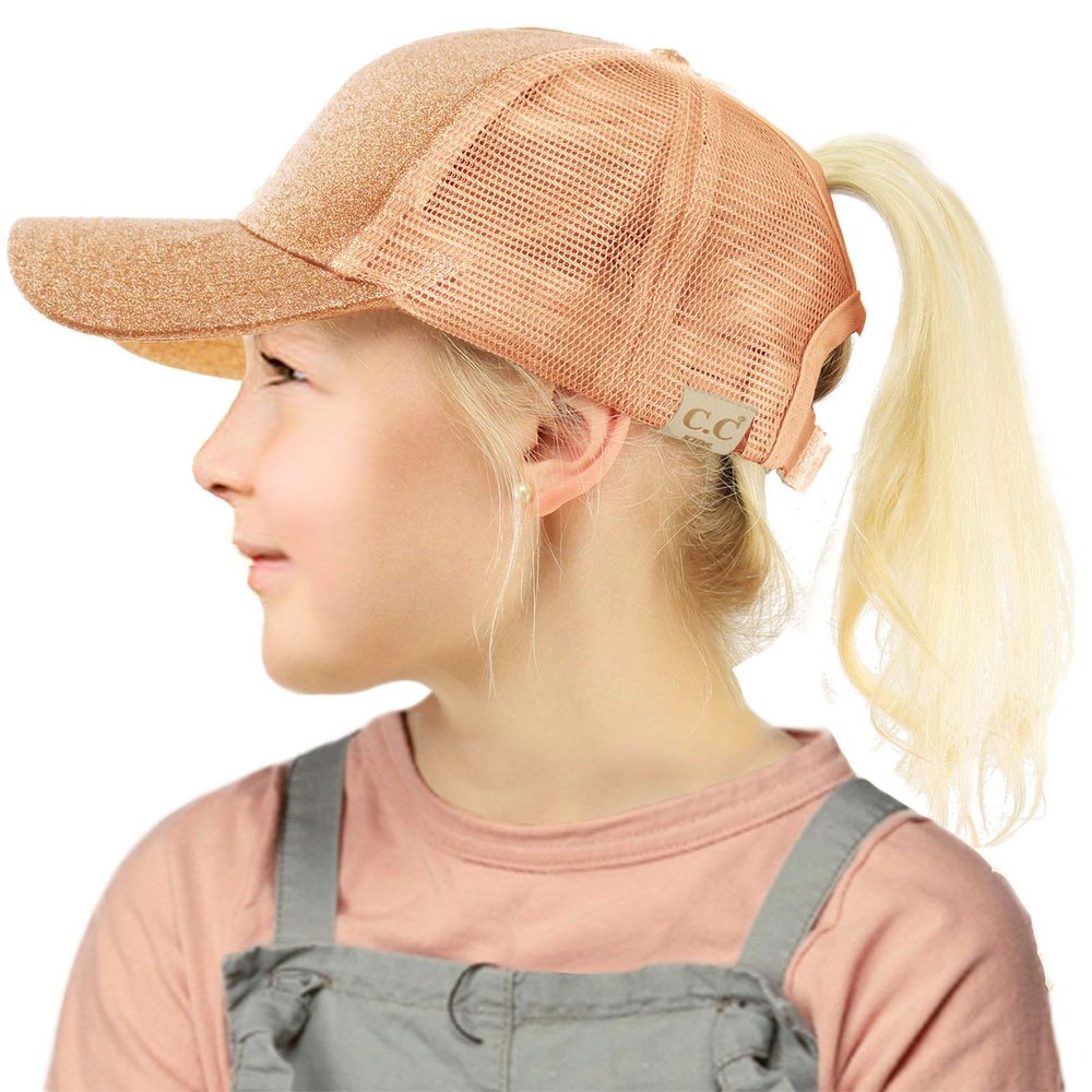 C.C Kids 2-7 Ponytail Messy Buns Ponycaps Baseball Visor Cap Hat Glitter Rose Gold