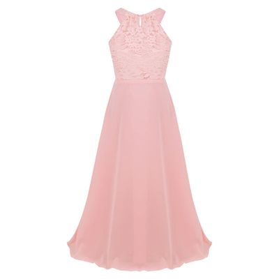 Agoky Kids Big Girls Chiffon Pageant Party Wedding Flower Girl Dress Junior Bridesmaid Long Gowns Pink Lace Cutout Back 6