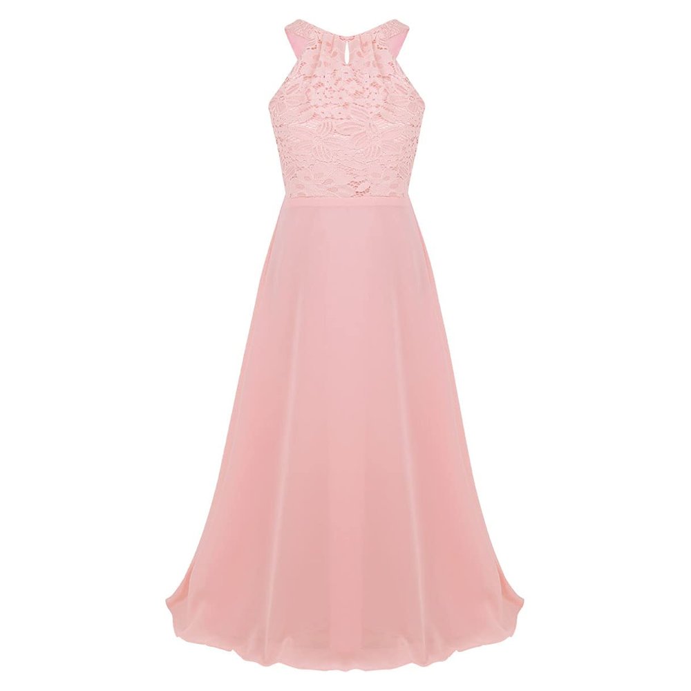 Agoky Kids Big Girls Chiffon Pageant Party Wedding Flower Girl Dress Junior Bridesmaid Long Gowns Pink Lace Cutout Back 6