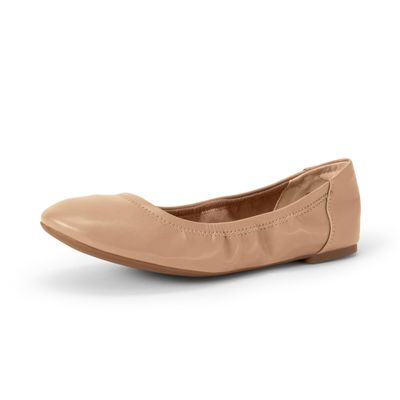 Amazon Essentials Women's Comfortable Round Toe Ballet Flats, Cushioned Memory Foam, Beige, 10.5 Wide