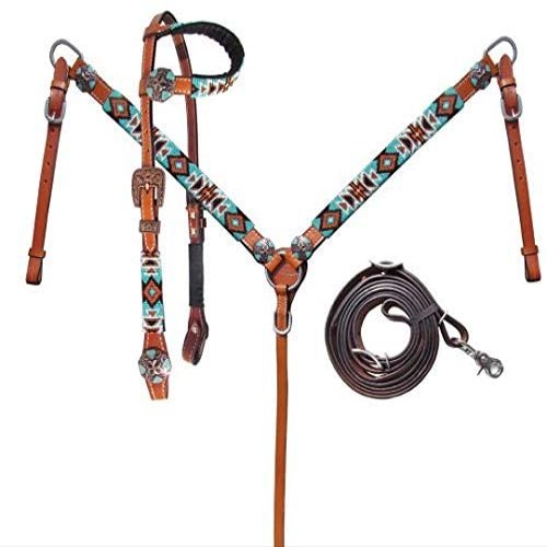 Showman Turquoise & Orange Aztec Design Beaded Headstall & Breast Collar Set