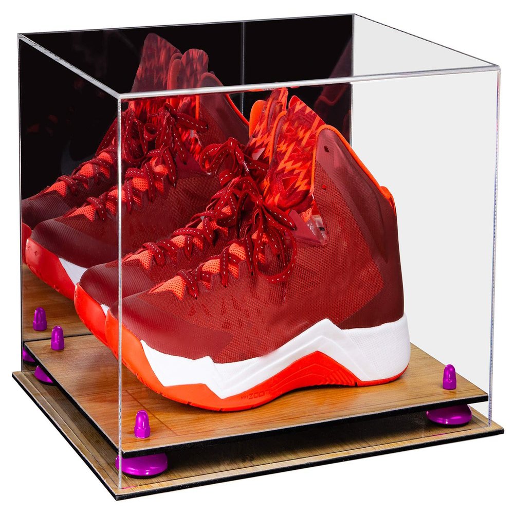 Better Display Cases Acrylic Basketball Shoe Pair Display Case with Mirror, Purple Risers and Wood Base (A082-PR)