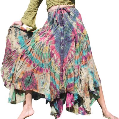 Full Funk Wide Pleated Full Flowing Gypsy Maxi Dancing Skirt Tie Dyed, Medium, Light Brown Green Pink