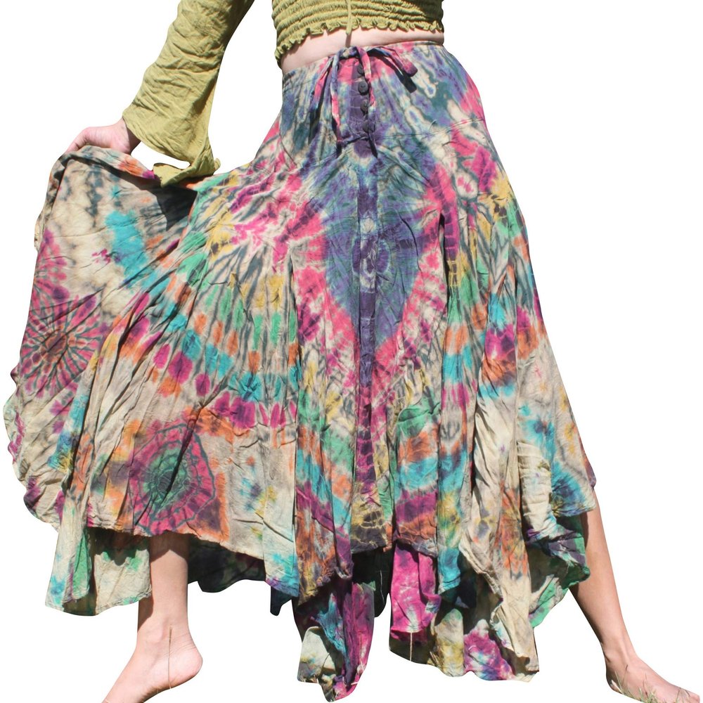 Full Funk Wide Pleated Full Flowing Gypsy Maxi Dancing Skirt Tie Dyed, Medium, Light Brown Green Pink