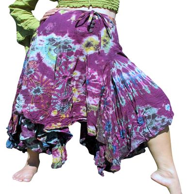 Full Funk Wide Pleated Full Flowing Gypsy Maxi Dancing Skirt Tie Dyed, Medium, Purple