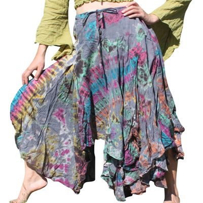 Full Funk Wide Pleated Full Flowing Gypsy Maxi Dancing Skirt Tie Dyed, Medium, Dark Gray