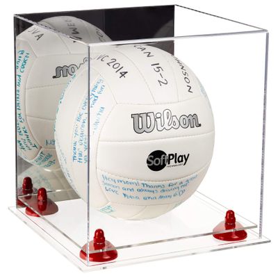 Better Display Cases Acrylic Volleyball Display Case with Mirror Case, Red Risers and Clear Base 9.75" X 9.75" X 9.75" (A027/B02)
