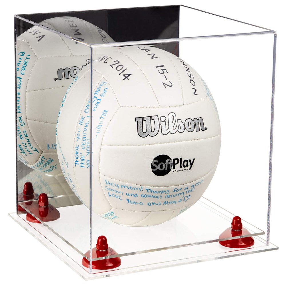 Better Display Cases Acrylic Volleyball Display Case with Mirror Case, Red Risers and Clear Base 9.75" X 9.75" X 9.75" (A027/B02)