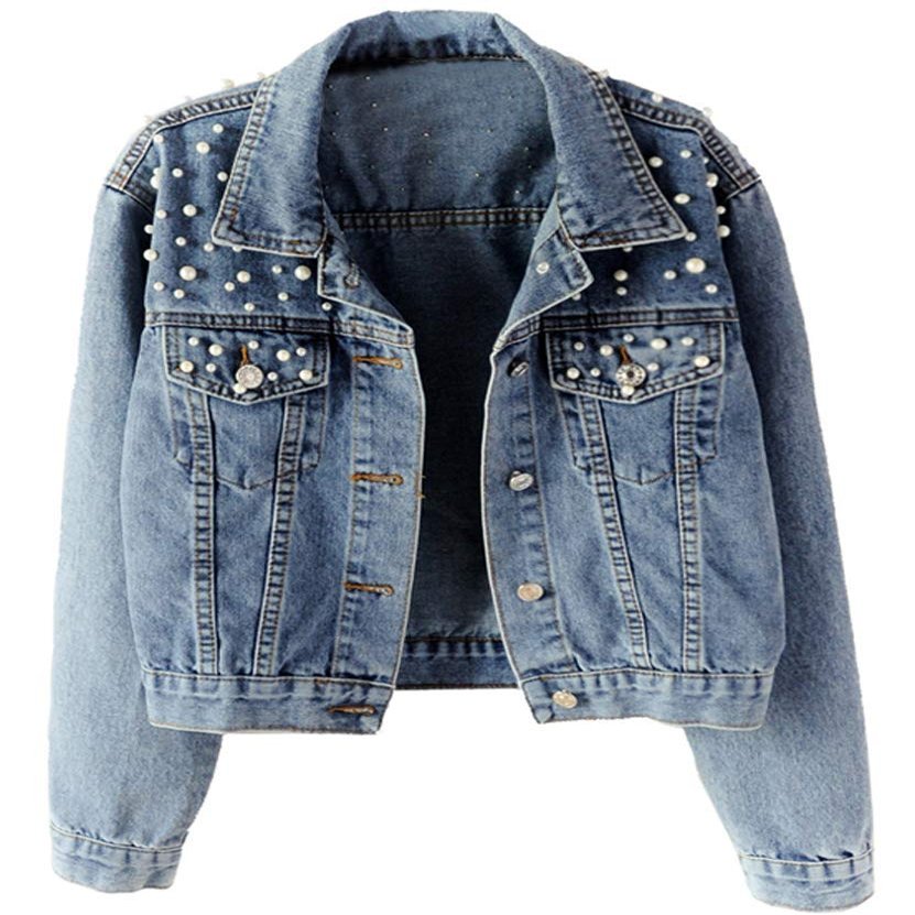 Kedera Women Oversized Denim Jacket Embroidered Pearls Beading Jeans Coat (Blue, X-Small)