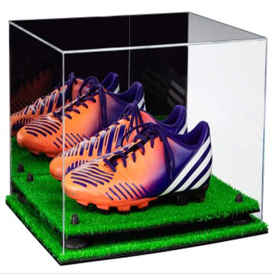 Better Display Cases Acrylic Large Shoe Pair Display Case for Basketball Shoes Soccer Cleats Football Cleats with Mirror, Black Risers and Turf Base (A082-BR)