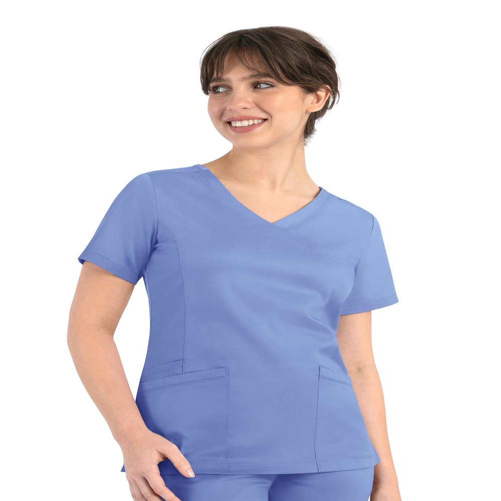 Maevn Matrix Womens Curved Mock Wrap Stretchy Medical Scrub Top Ceil Blue