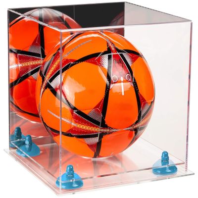 Better Display Cases Acrylic Display Case for Collectibles, Full Size Soccer Ball Display Case,Blue Risers & Clear Base, Handcrafted Showcase Box.DIM;9.75" L x 9.75" W x 9.75" H. (A027-BLR)