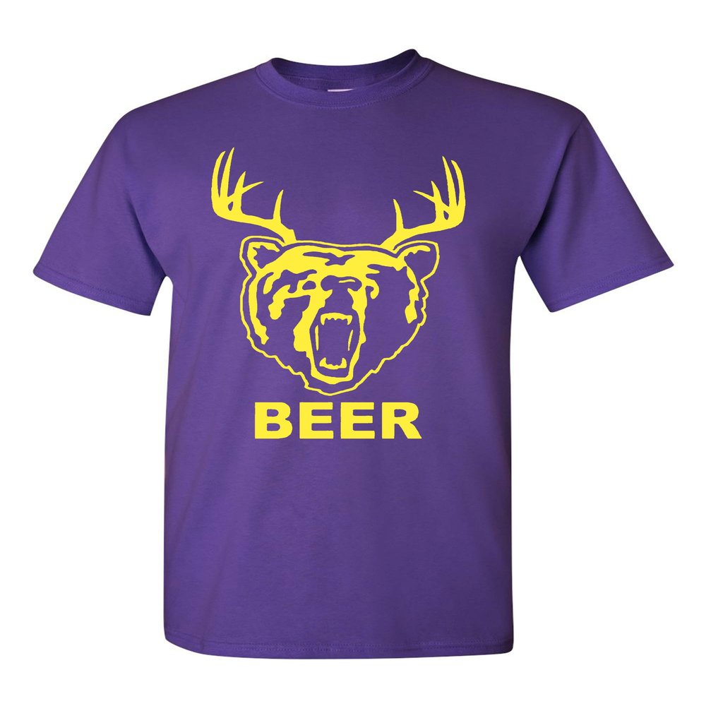 New Beer Deer Bear Sunny Mac Funny TV Adult T-Shirt Tee (Large, Purple w/Yellow)