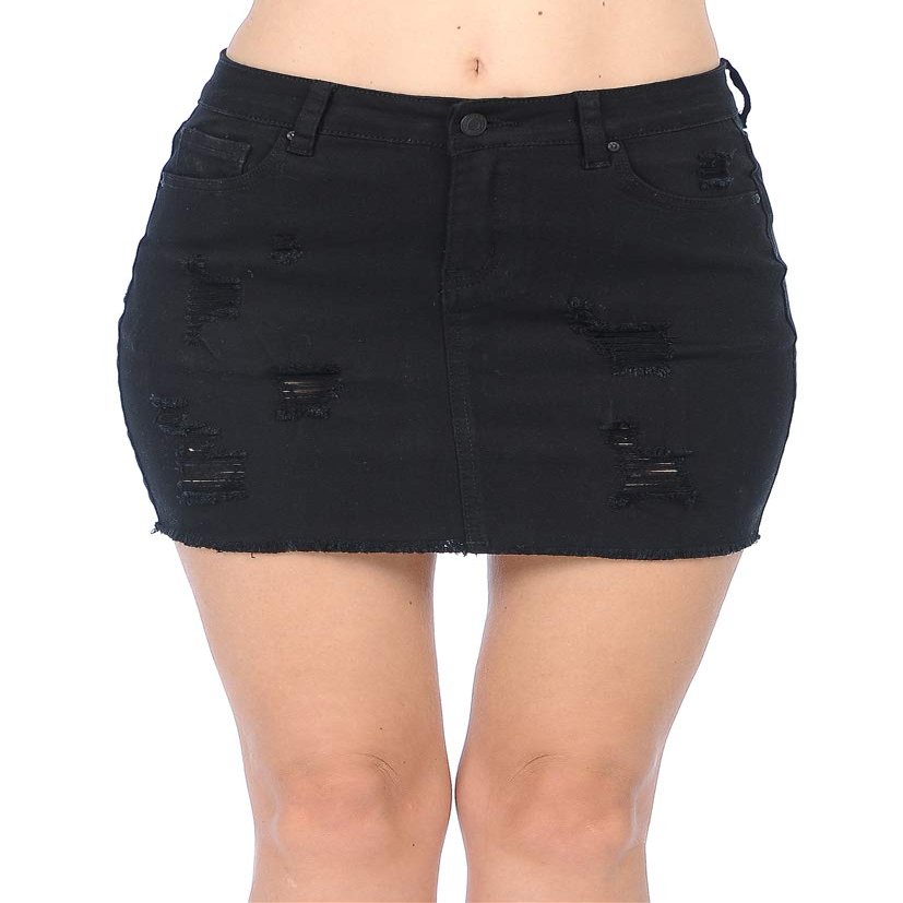 Wax Women's Juniors Casual Distressed A-Line Denim Short Skirt, Black, s