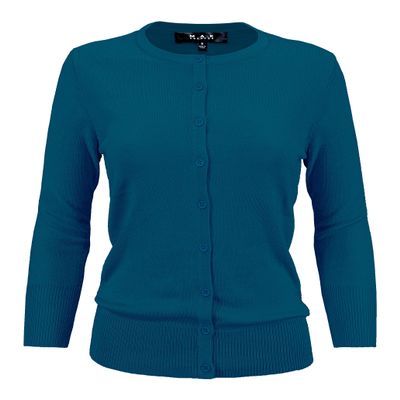 YEMAK Women's Knit Cardigan Sweater  3/4 Sleeve Crewneck Basic Classic Casual Button Down Soft Lightweight Knitted Top CO079-T.Blue-1X