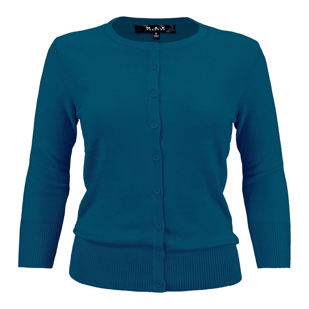 YEMAK Women's Knit Cardigan Sweater 3/4 Sleeve Crewneck Basic Classic Casual Button Down Soft Lightweight Knitted Top CO079-T.Blue-1X