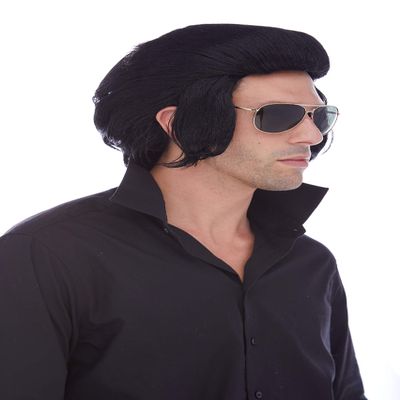 Elvis Pompadour Color Black - Sepia Wigs Long Sideburns Tall King Cosplay Fancy Dress Synthetic Elvas Presley Bundle Costume Wig Booklet