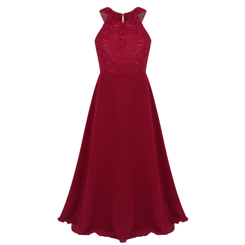 Agoky Kids Big Girls Chiffon Pageant Party Wedding Flower Girl Dress Junior Bridesmaid Long Gowns Burgundy Lace Cutout Back 6