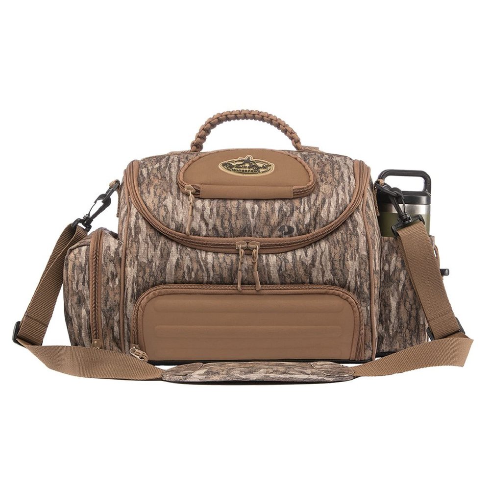 Rig'Em Right Waterfowl Lock and Load Duck Hunting Blind Bag with Molded Ammo Compartments, Sunglasses Case, Drink Holder and More (Mossy Oak Bottomland Camo)