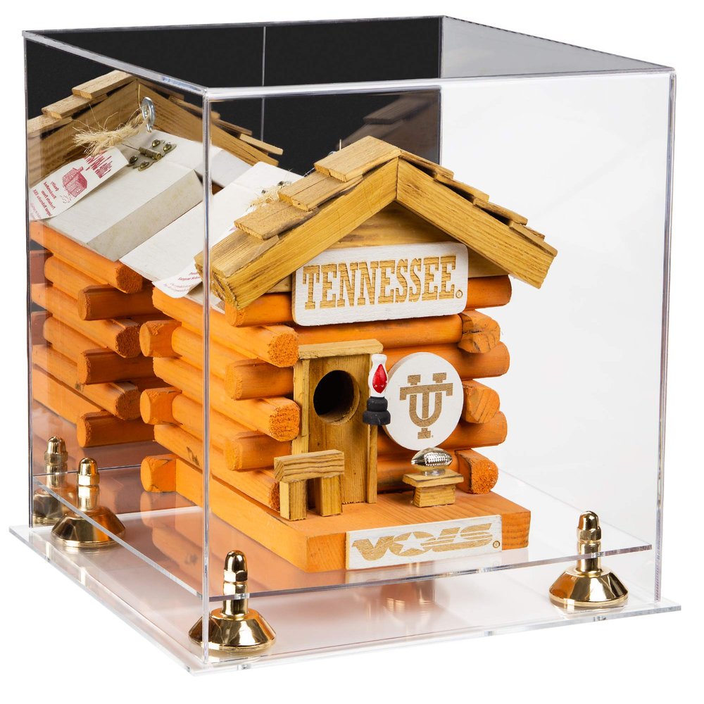 Better Display Cases Versatile Acrylic Display Case - Medium Square Box with Mirror, Gold Risers and Clear Base 10" x 10" x 10" (A028-GR)