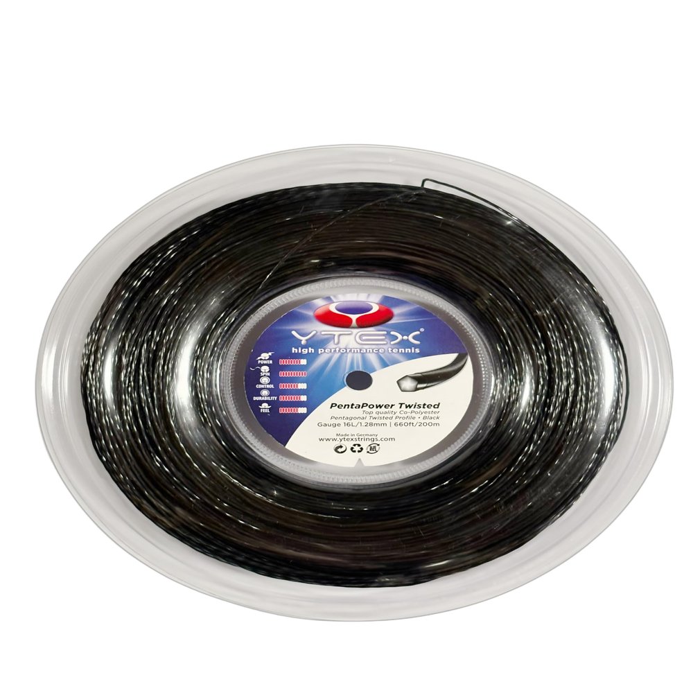 YTEX PentaPower Twisted Black Tennis Racquet String Reel (16L Gauge, 1.28mm)