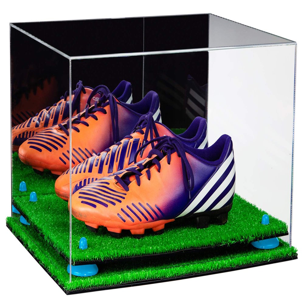 Better Display Cases Acrylic Large Shoe Pair Display Case for Basketball Shoes Soccer Cleats Football Cleats with Mirror, Light Blue Risers and Turf Base (A082-BLR)