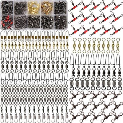 175pcs Fishing Swivels Snaps Kit - Ball Bearing Barrel Swivel 3 Way Swivels Fishing Tackle Line Connector Terminal Accessories Tackle Box for Lures Sinkers