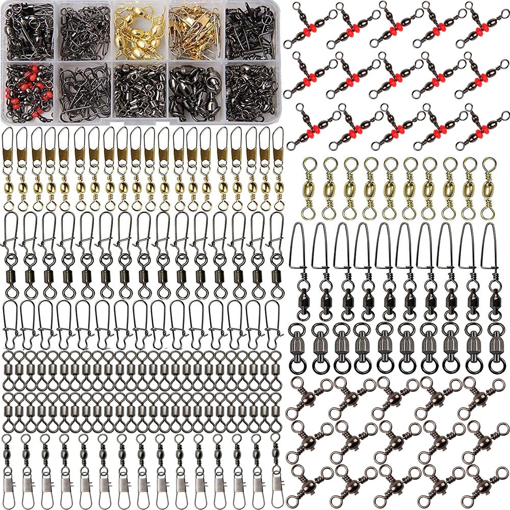 175pcs Fishing Swivels Snaps Kit - Ball Bearing Barrel Swivel 3 Way Swivels Fishing Tackle Line Connector Terminal Accessories Tackle Box for Lures Sinkers