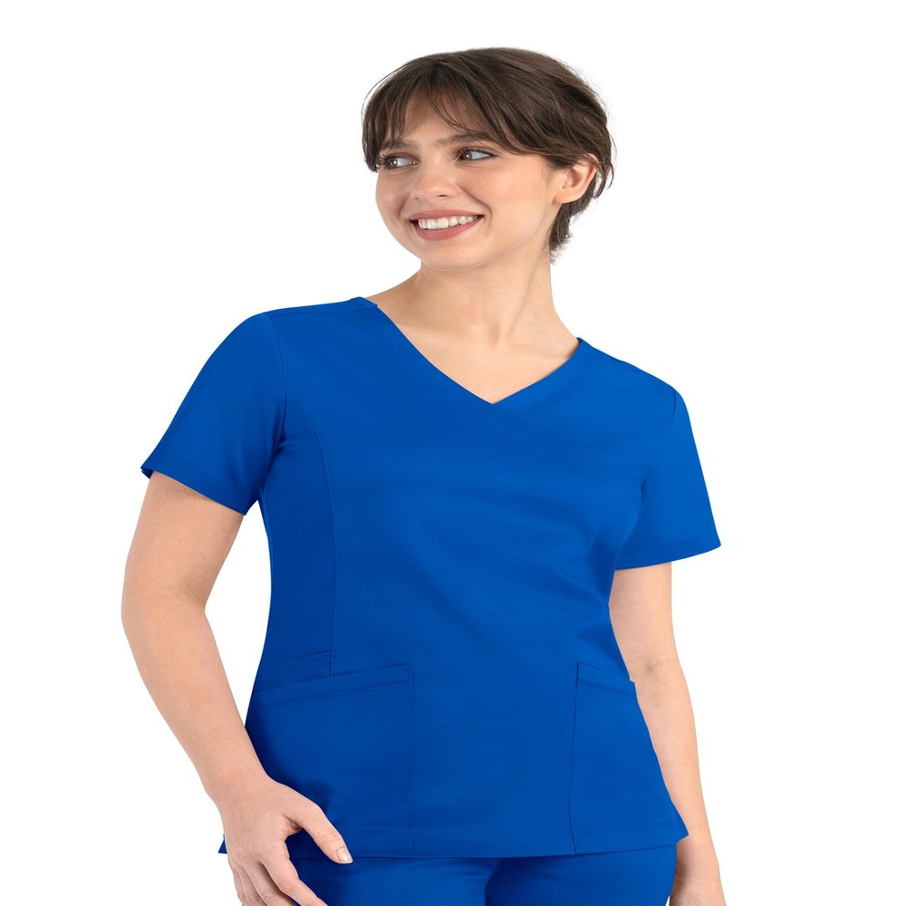 Maevn Matrix Womens Curved Mock Wrap Stretchy Medical Scrub Top Royal Blue