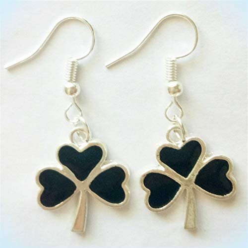 Cute New Silver Black Enamel Shamrock St Patrick's Day Dangle Earrings For Women Lady
